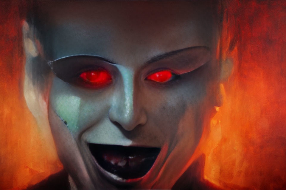 Sinister figure with glowing red eyes on fiery red background