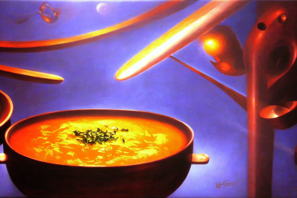 Colorful Bowl of Soup Painting with Steam Lines and Whimsical Background