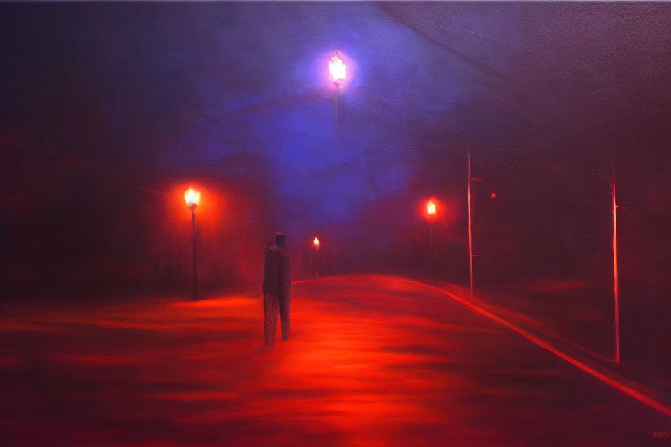 Solitary Figure on Red Street Under Streetlights