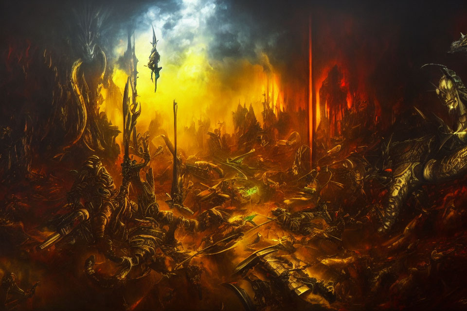 Dark, fiery battlefield with monstrous creatures and hanging figure in chaotic, apocalyptic scene.