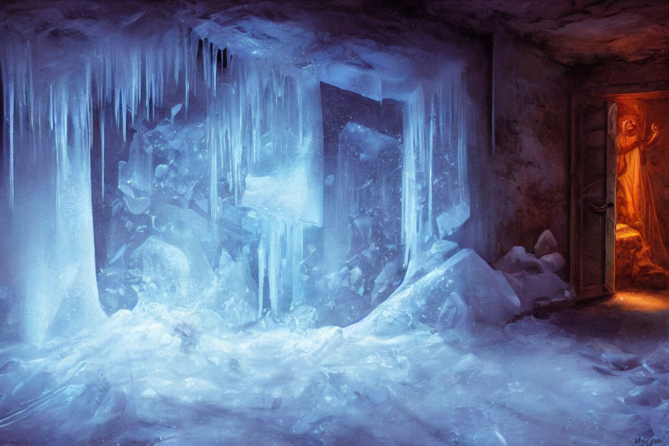 Frozen Room with Icicles, Ice Floor, and Ajar Wooden Door