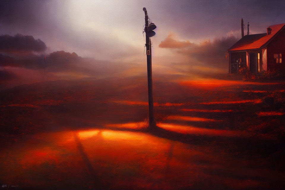 Dreamy Landscape at Dusk with Streetlamp and Fog-Covered Ground