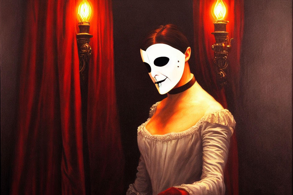 Historical costume and white half-face mask between red curtains under wall-mounted lamps