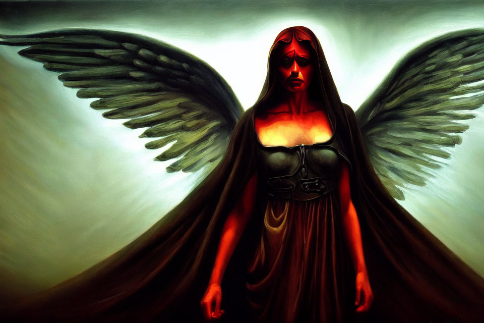 Somber angel with black wings in dark dress against swirling backdrop