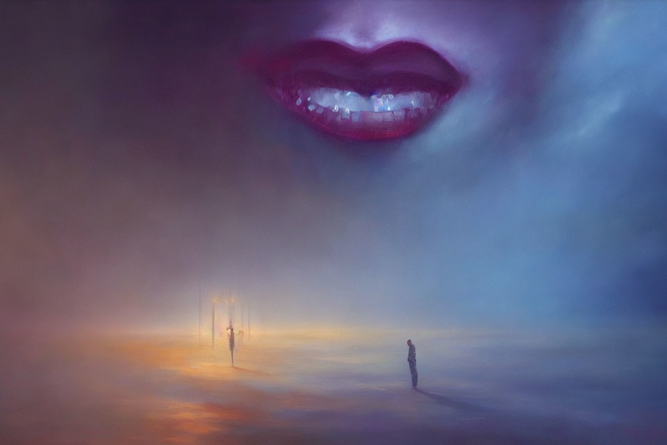 Surreal painting: oversized ethereal lips above misty scene