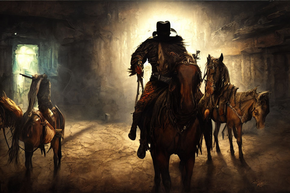 Cowboy leading three horses through dim dusty setting