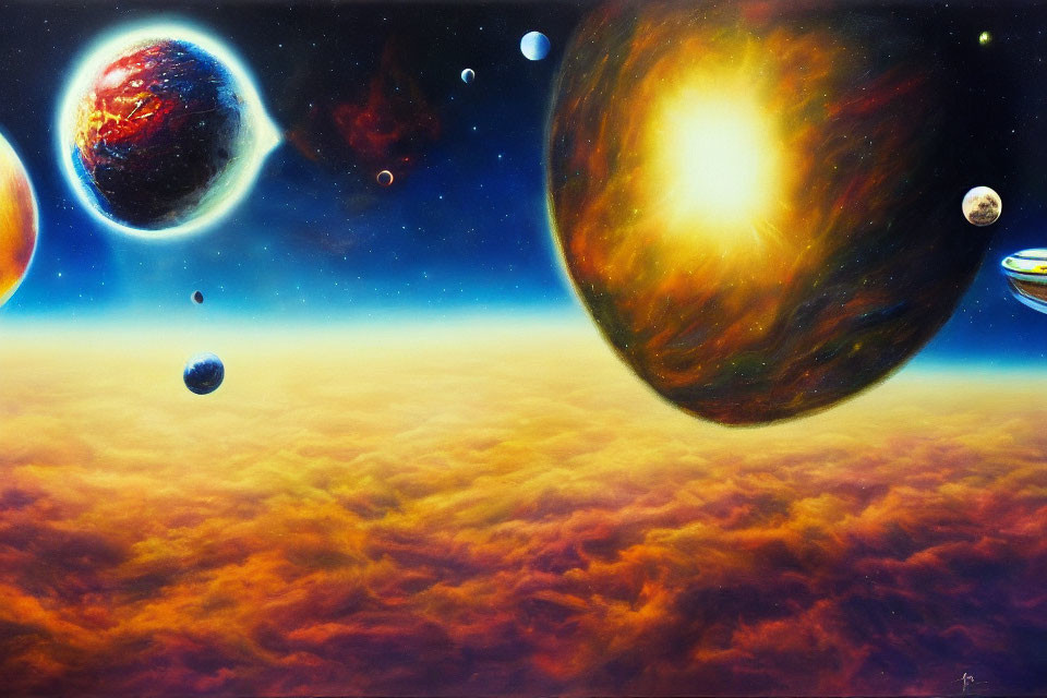 Colorful planets and moons in vibrant space scene