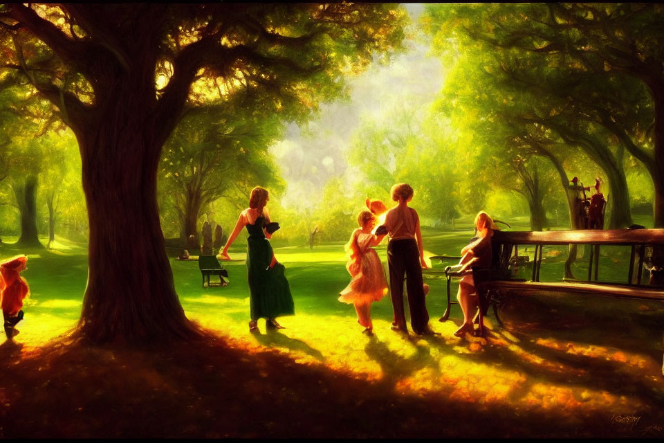 Park scene: Sunlit trees, people walking and chatting, serene ambiance