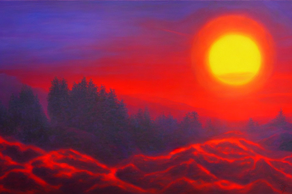 Colorful landscape painting with large setting sun and silhouetted trees