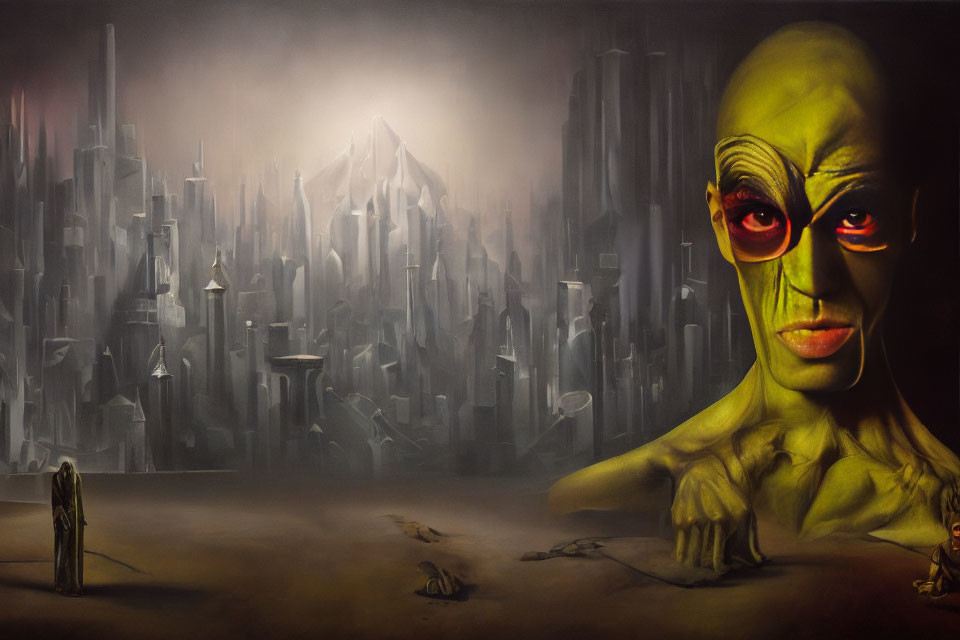 Surreal portrait of green-skinned humanoid in dystopian cityscape