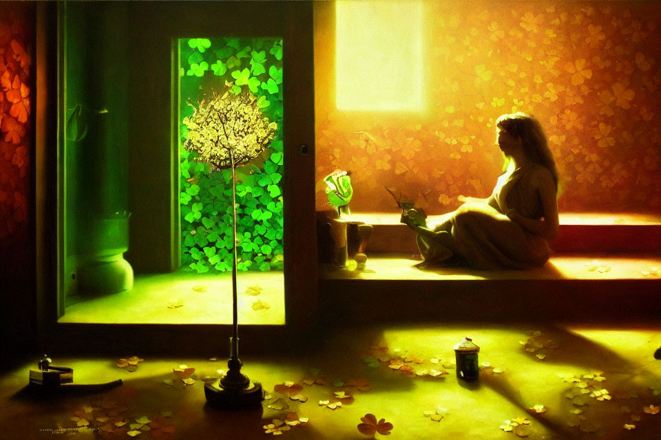 Woman sitting by open door in warm light surrounded by fallen leaves and whimsical tree-shaped lamp