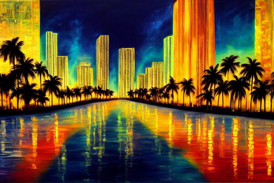 Colorful cityscape painting at sunset with palm trees and water reflections