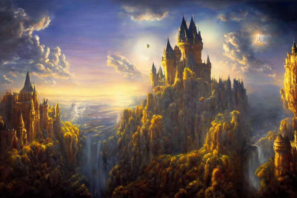 Majestic castle on cliff with waterfalls under golden sunlight