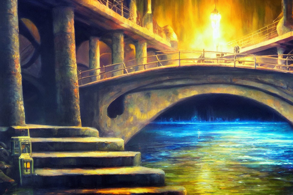 Nocturnal painting: serene bridge over tranquil waters with glowing lamp post and bottle.