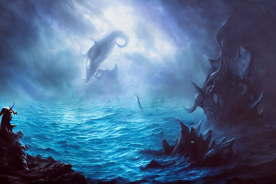 Fantastical ocean scene with giant creatures in stormy sky