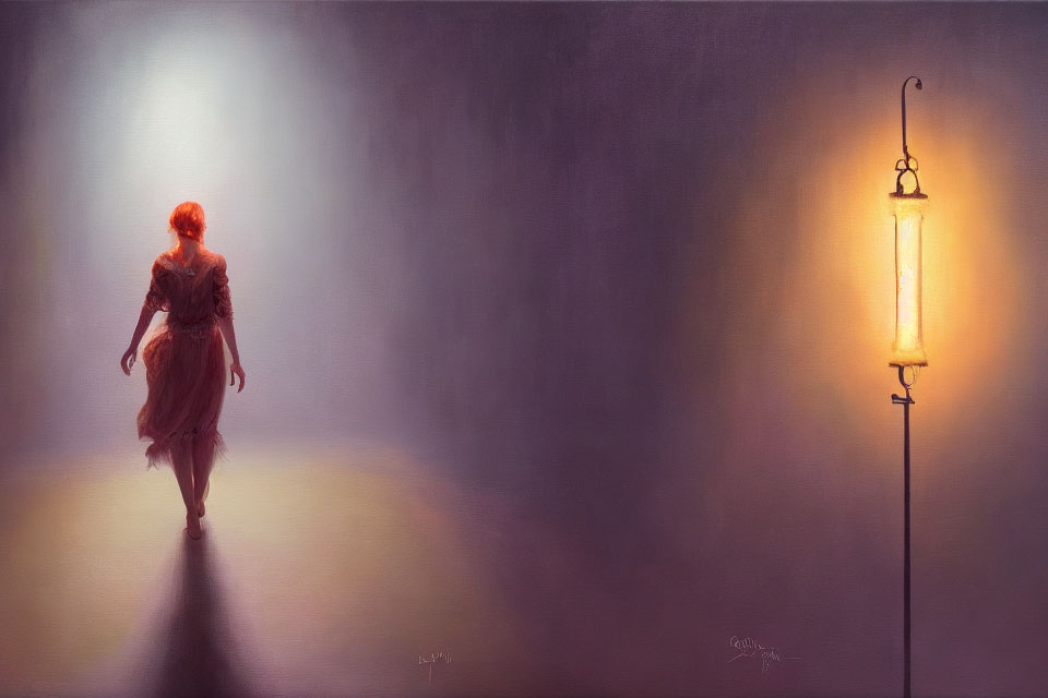 Serene painting of red-haired woman in misty setting