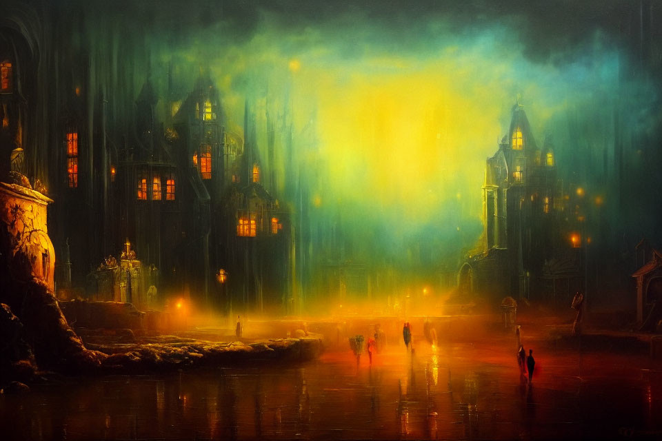 Mysterious night cityscape with warm glows and gothic architecture