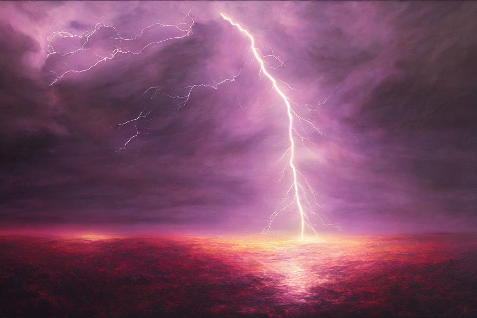 Dramatic lightning strike in surreal purple sky landscape