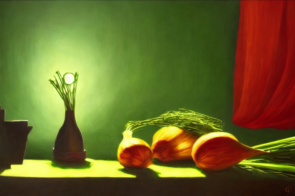 Classic still life painting: onions, vase, red curtain, green background