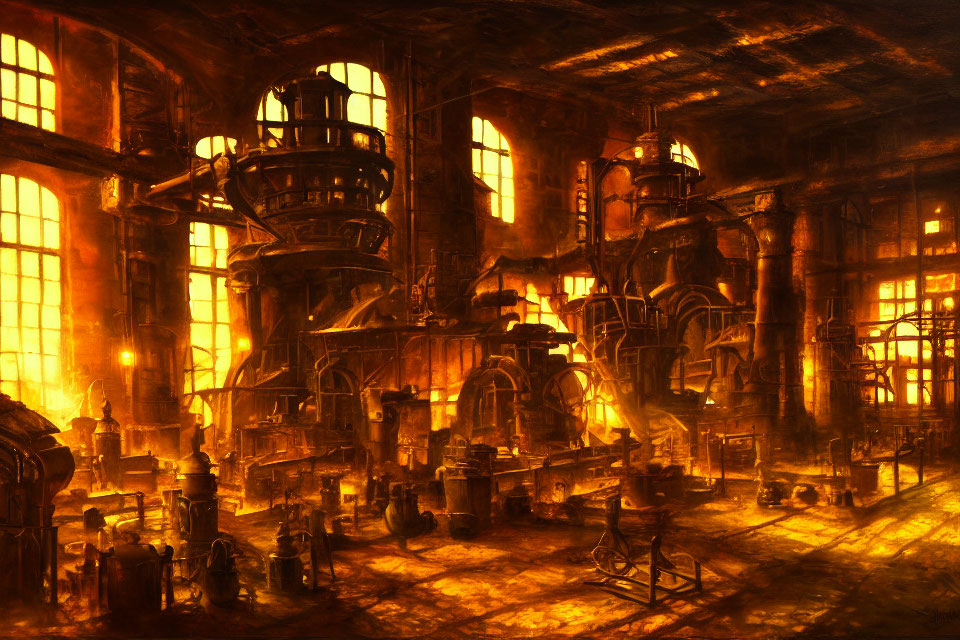 Dimly Lit Industrial Interior with Tall Machines and Glowing Furnaces