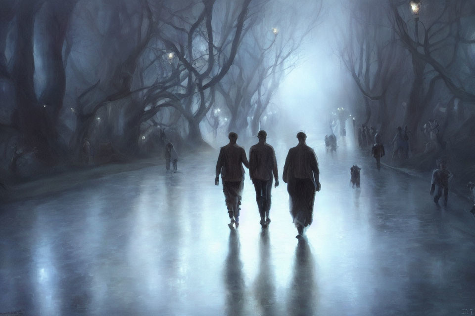 Silhouetted figures walking on foggy mirror-like surface with bare trees.