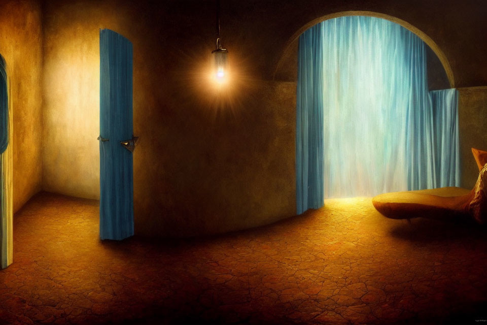 Room with Terracotta Floors, Glowing Light, Blue Door Ajar, and Large Archway