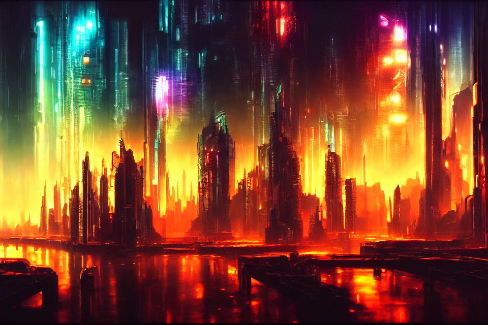 Neon-lit cyberpunk cityscape at night with skyscrapers and hazy sky