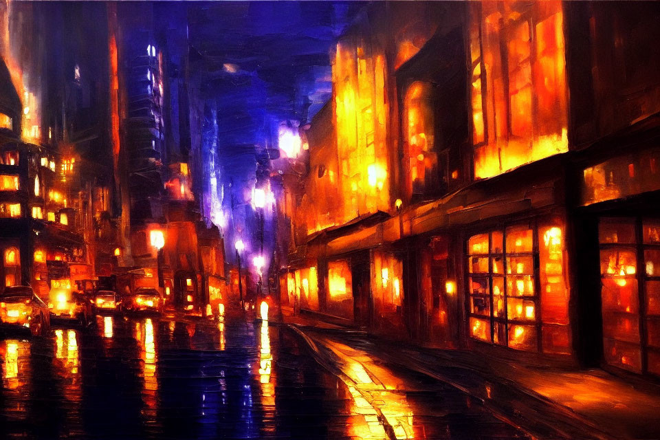 Night cityscape with illuminated windows, wet streets, and streetlight glow