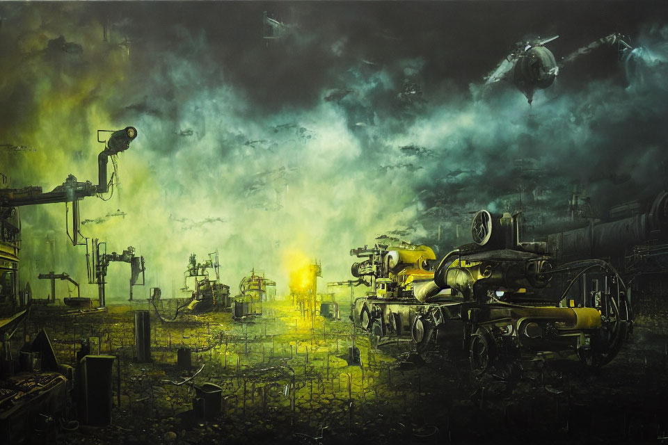 Dystopian industrial landscape with yellow-green haze, machinery, and flying crafts