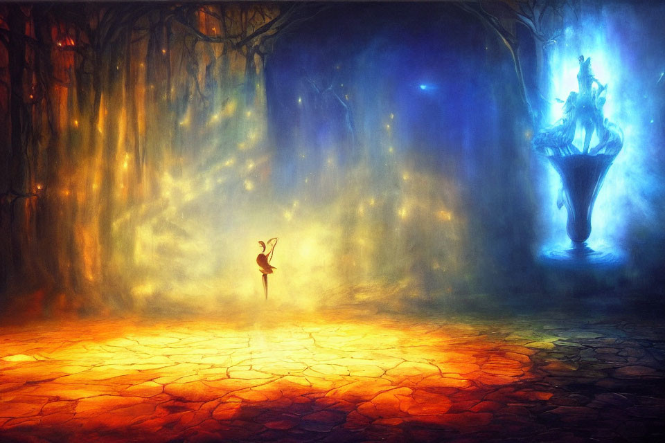 Enchanting forest scene with humanoid figure and glowing statue