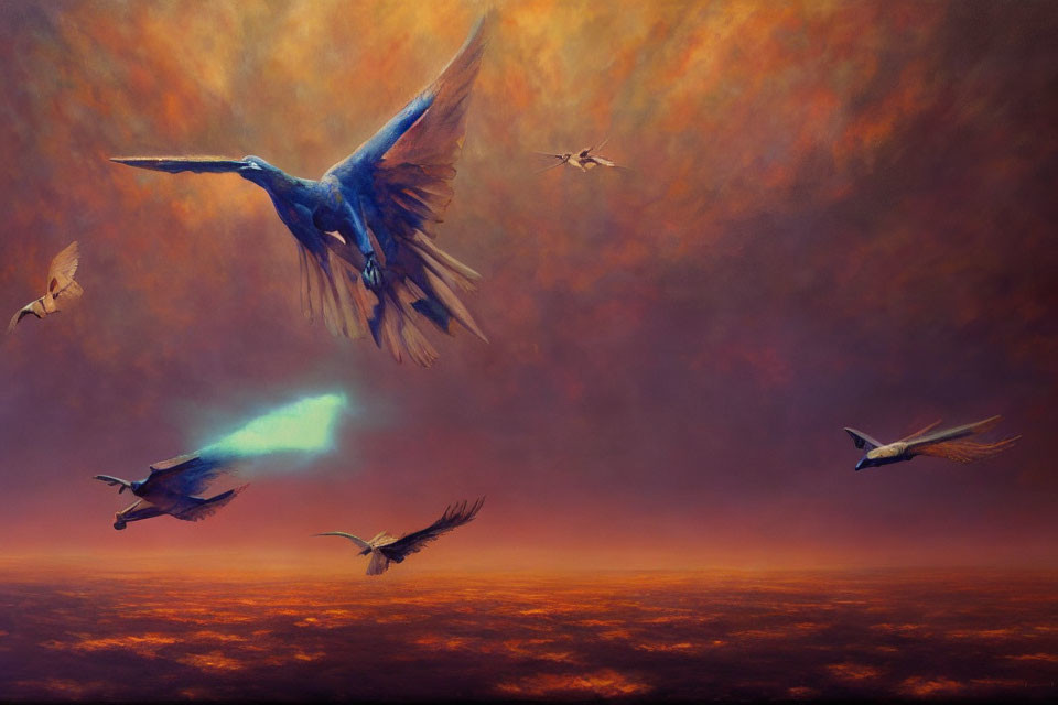 Birds flying in vibrant sky with orange and red hues and illuminated bird