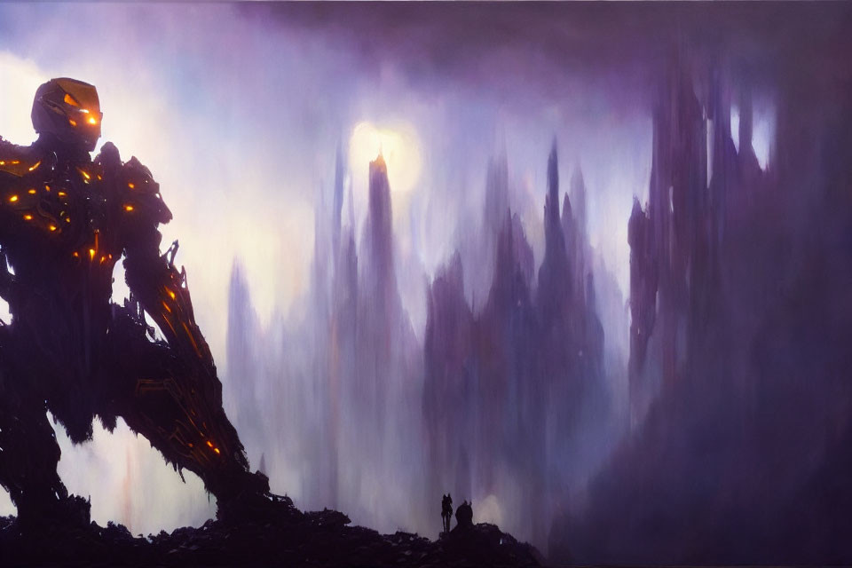 Futuristic soldier in armor on rocky terrain with misty spires.