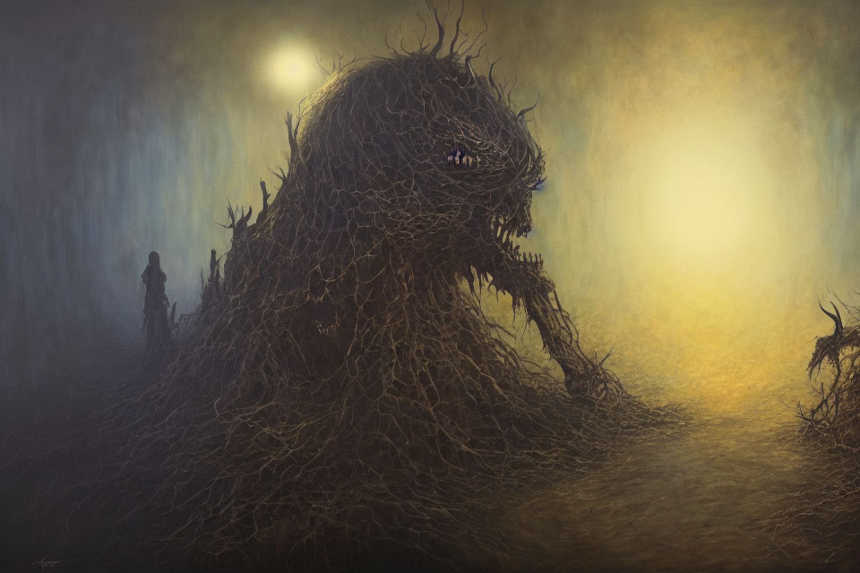 Eerie artwork: twisted root creature under moonlit sky