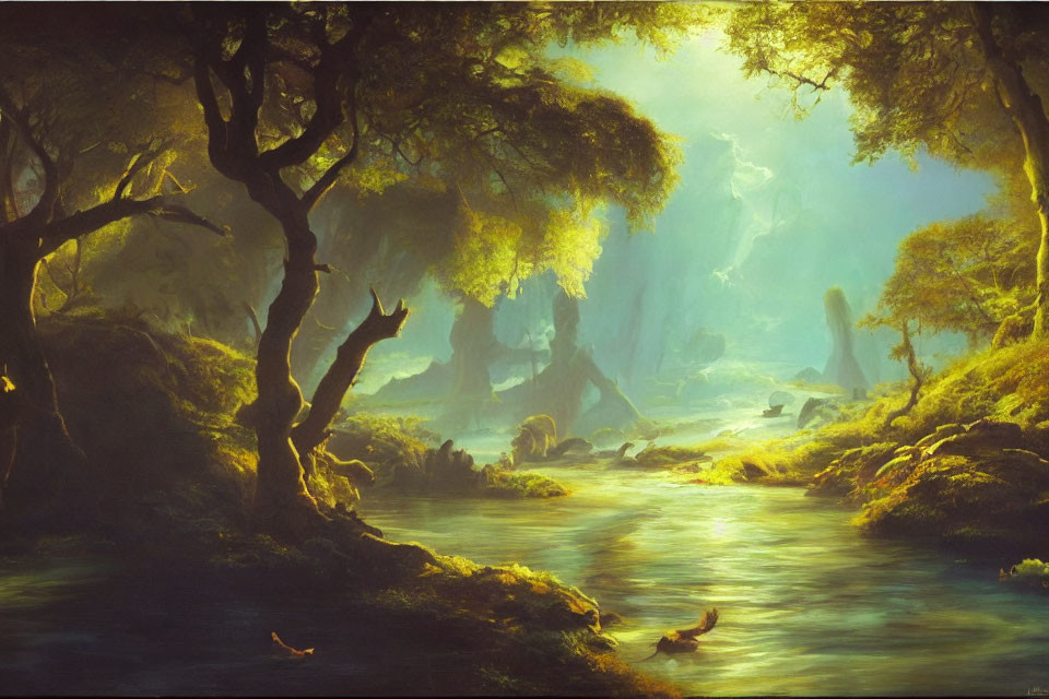 Sunlit forest scene with moss-covered trees and gentle stream