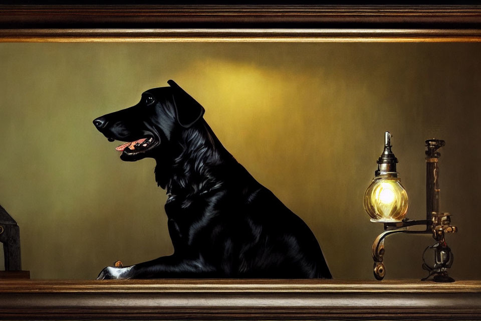 Elegant Black Dog in Golden Frame with Antique Brass Lamp