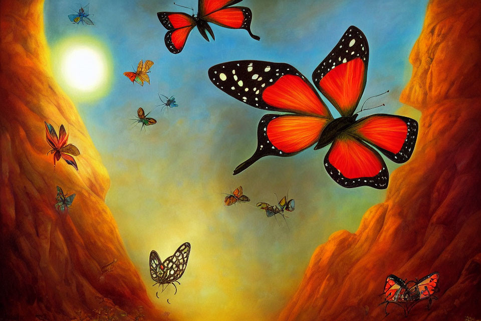 Colorful Butterfly Painting in Vibrant Canyon Landscape