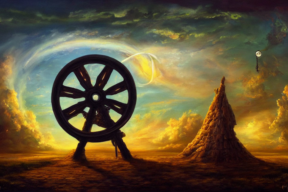 Surreal landscape with large wheel, legs, cone hill, crescent moon, and floating object