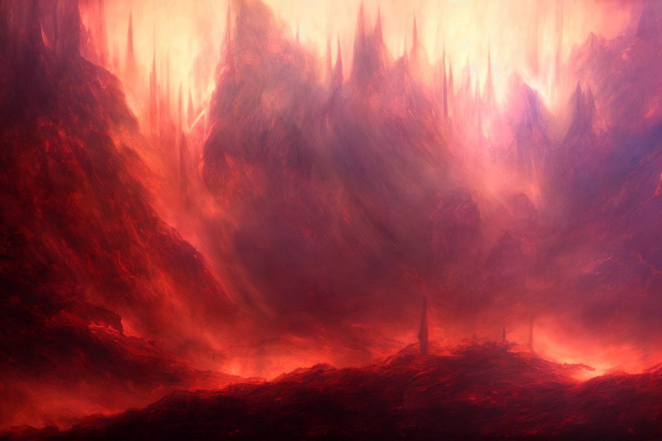 Volcanic Landscape with Glowing Red and Purple Hues