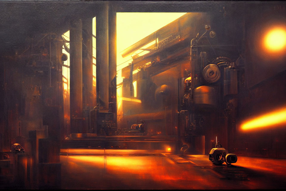 Industrial interior with sunlight through large windows and futuristic robot.