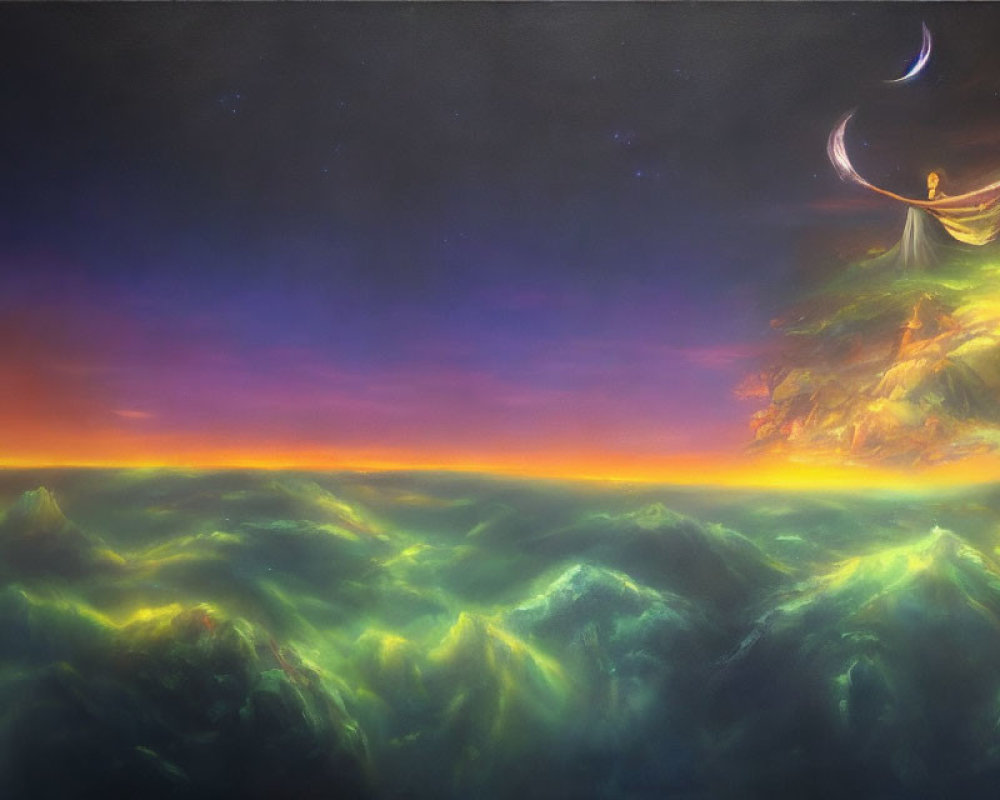 Surreal painting of person on crescent moon over green hills at twilight