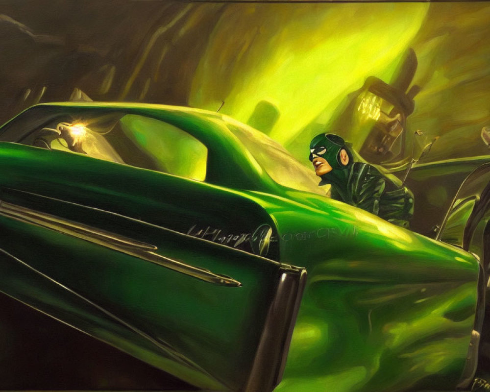 Stylized artwork of person in green car with ominous figure