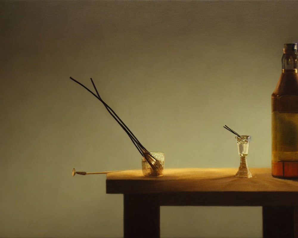 Still Life Painting: Overturned Incense Holder, Glass, Amber Bottle on Wooden Table