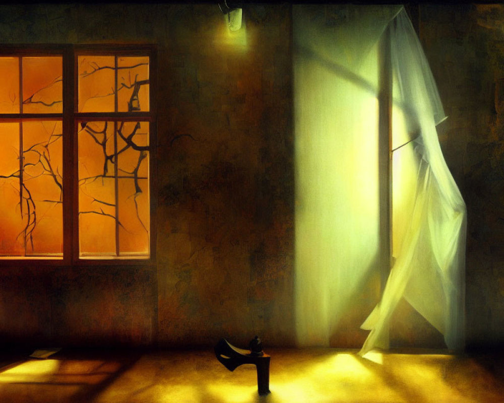 Dimly lit room with glowing windows, eerie shadows, white curtain, and darkened bench