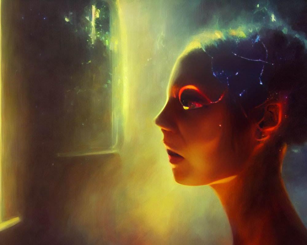 Surreal portrait of woman with cosmic pattern, gazing at starry window