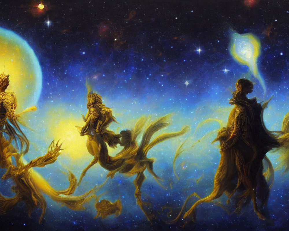 Three mythical figures on horseback in ethereal light against starry space backdrop.