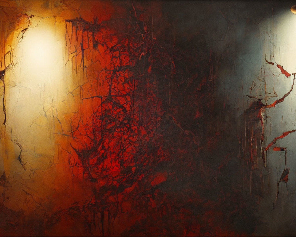 Abstract painting with red and orange hues and crack-like textures under a hanging light