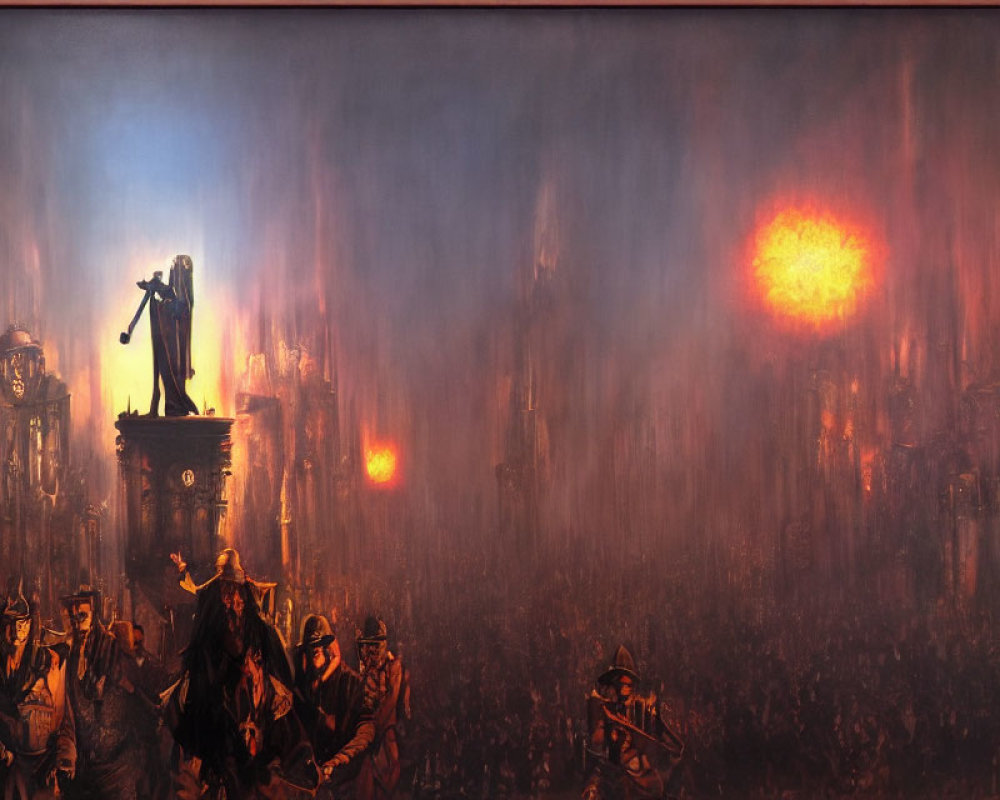 Dystopian cityscape with illuminated statue and explosions