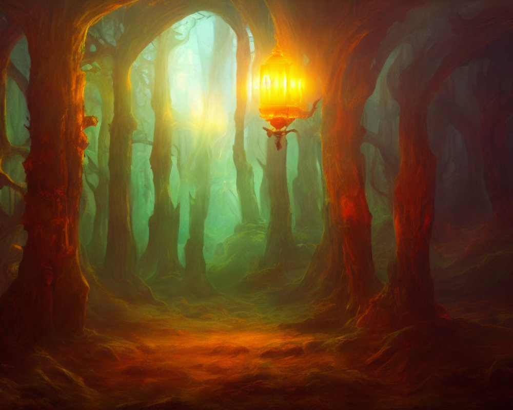 Mystical forest scene with glowing lantern and skeletal arm in foggy ambiance