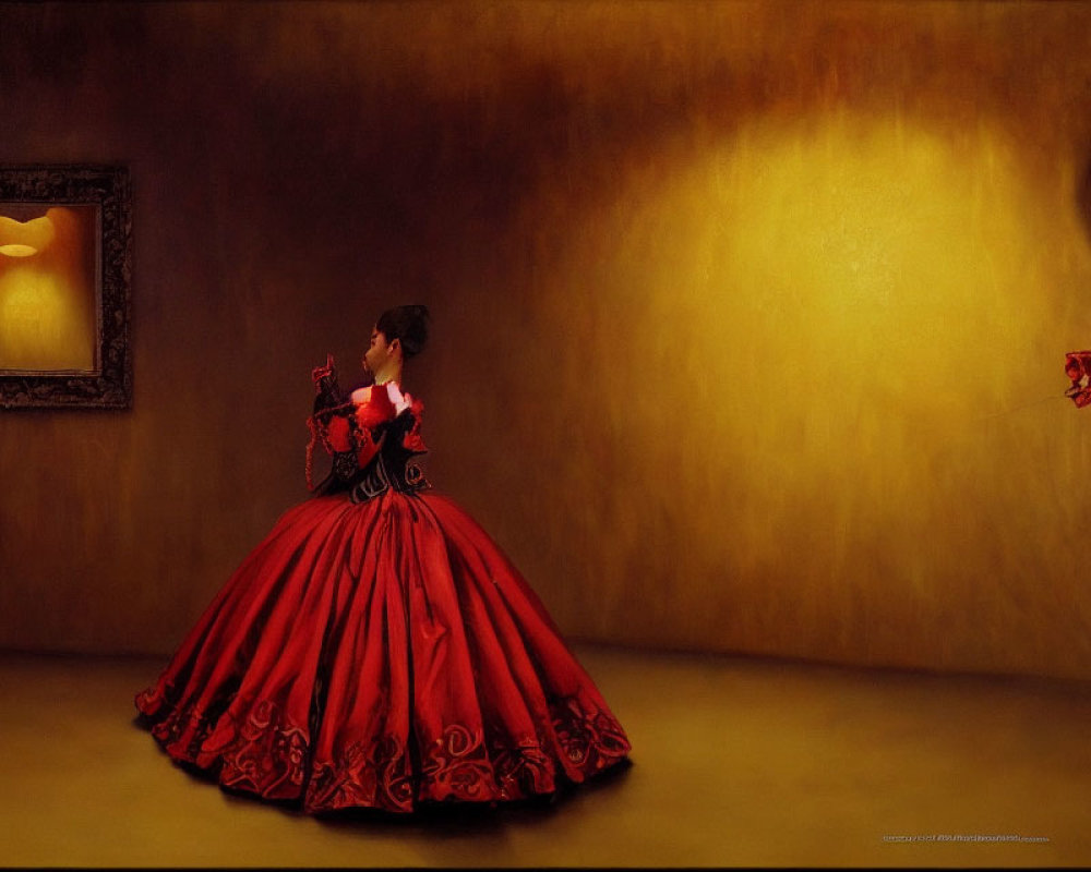 Woman in red gown with creature in red armor in surreal room