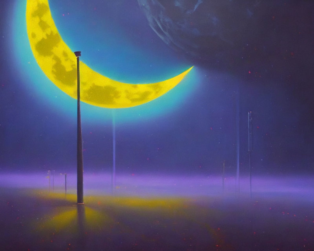 Surreal artwork: Street lamps with crescent moon lights in misty landscape